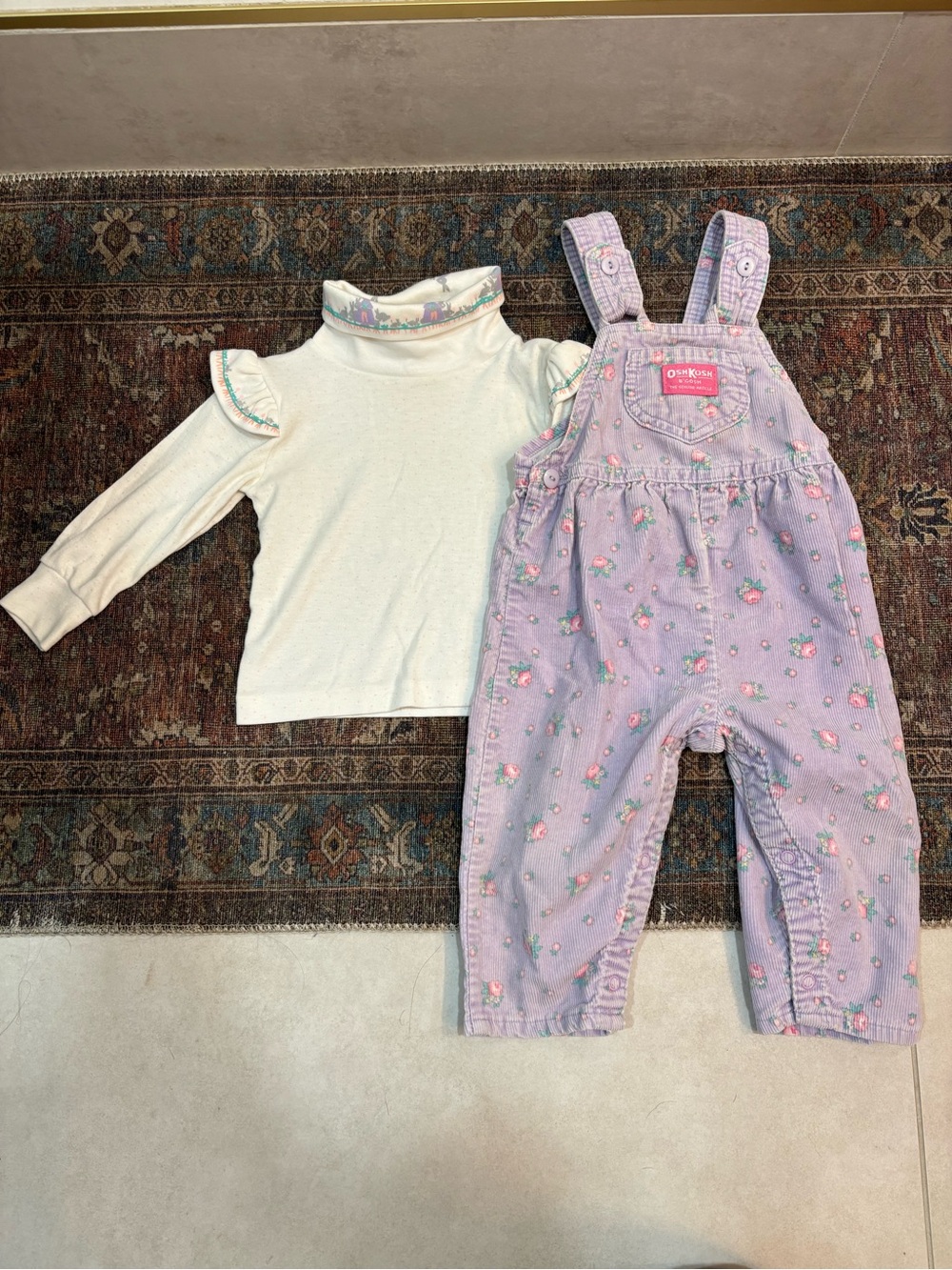 OshKosh B'gosh Cream Turtleneck and Lavender Floral Overalls Set